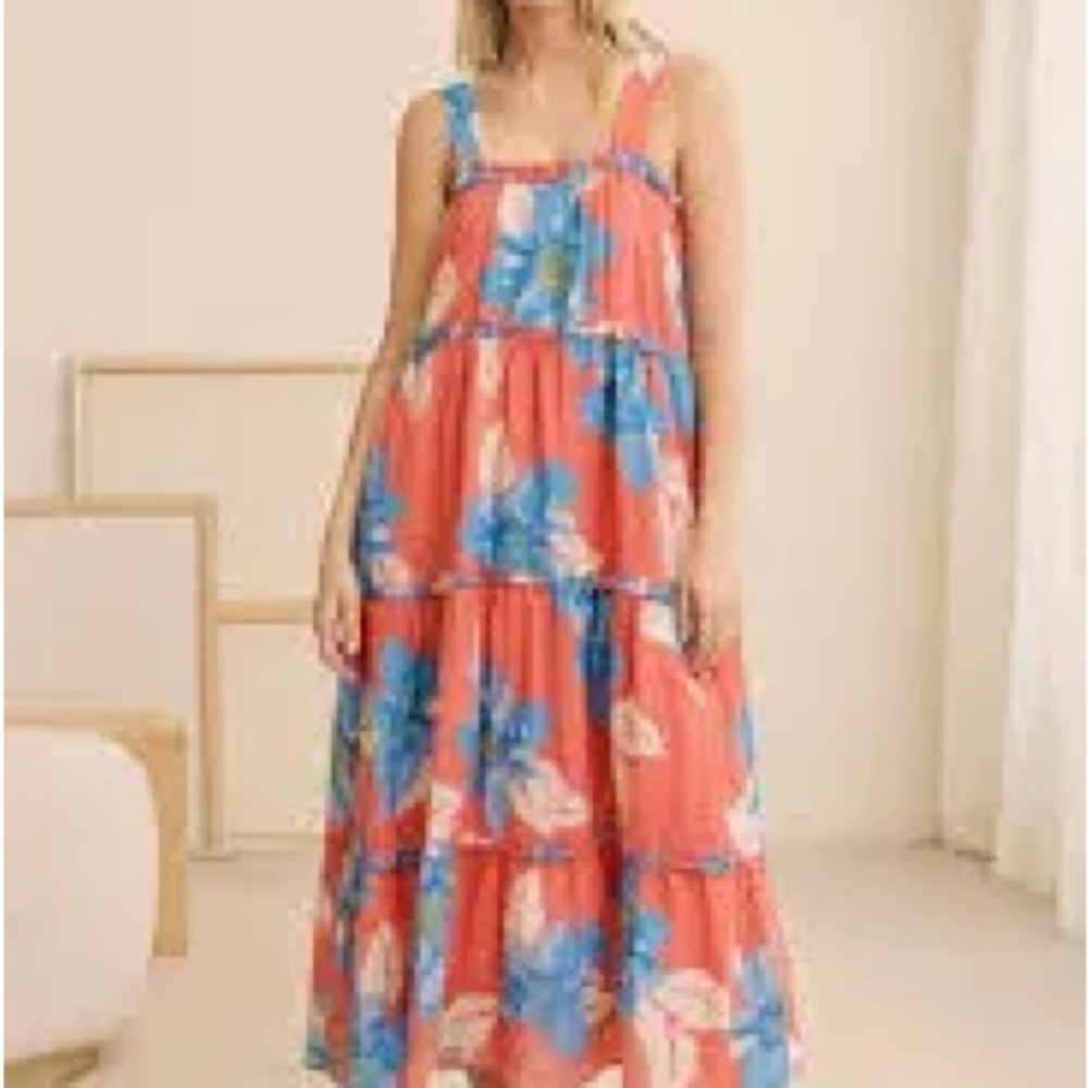 Free People Coral and Blue Floral Maxi Dress